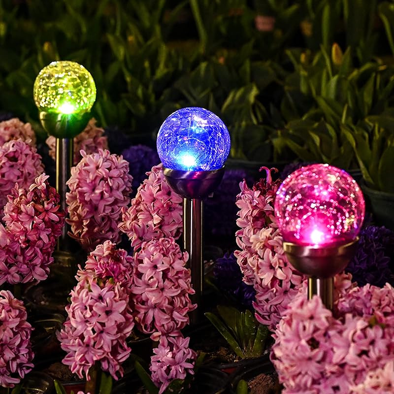 GIGALUMI Solar Outdoor, Cracked Glass Ball Solar Garden Lights, Color Changing Lights Outdoor,Garden LED for Path, Patio, Yard, 3 Pack Pathway 3 PACK