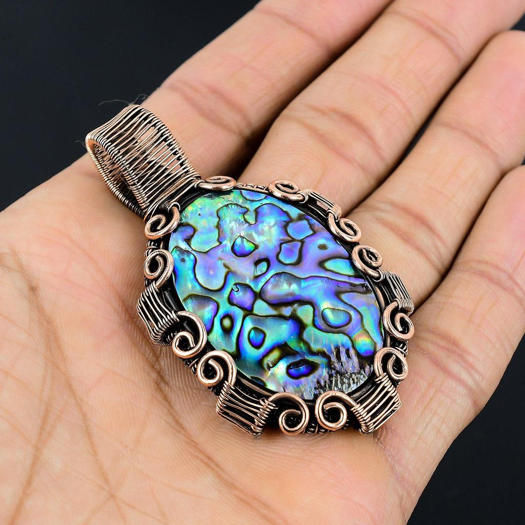 Abalone Shell 999 Copper Wire Wrapped Pendant, Handmade Gemstone Pendant Jewelry, Gifts For Wife Brand New Pendant