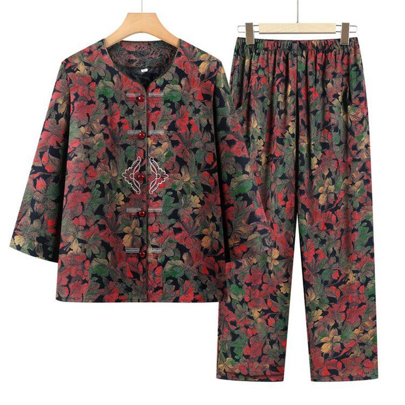

Spring & Fall Retro Floral Two-Piece Set for Middle-Aged Women - Plus Size 4XL червоний