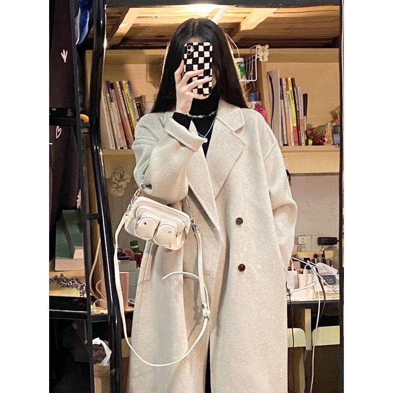 

Reversible Cashmere Coat Female 2023 Fall and Winter New Arrival Korean Style Loose Mid Length Long Length Hepburn Style Woolen Coat Popular Oatmeal Color XL(70.00 kg-85.00 kg)