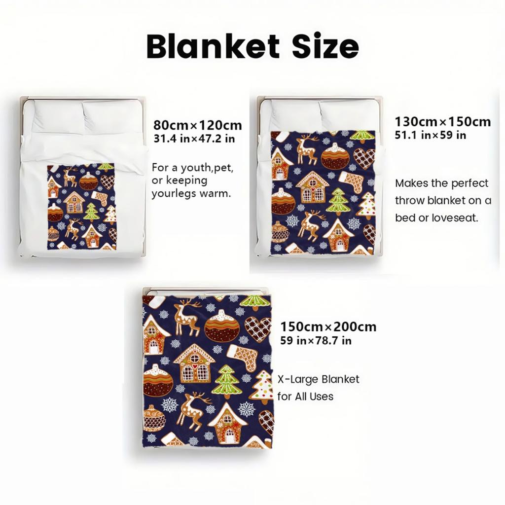 Christmas gingerbread house reindeer snowflake tree ornament pattern navy blue flannel blanket holiday home decor festive winter