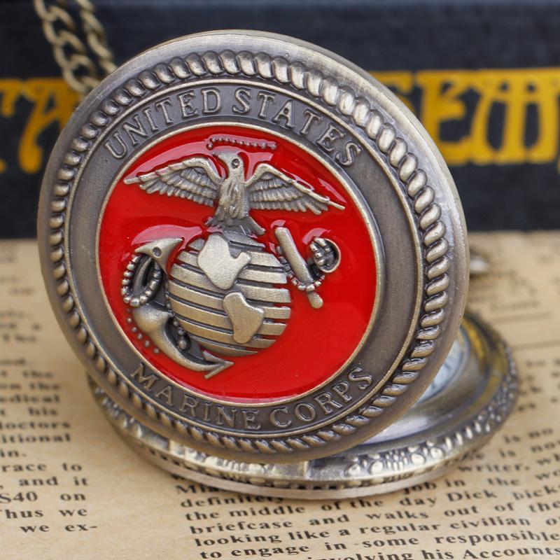 Vintage Marine Corps Themed Quartz Pocket Watch Red Pendant Necklace Souvenir Gift for Kids Gift Reloj De Bolsillo Antiguo