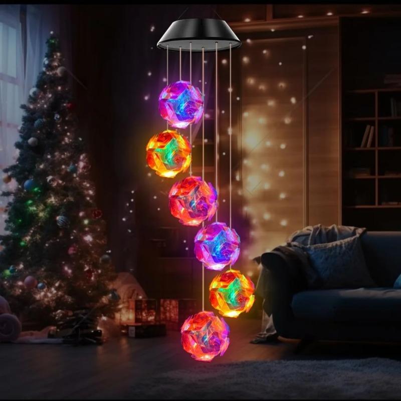 New Solar Powered Color Changing Pink Embroidered Ball Flower Wind Chime Light Waterproof Outdoor Night Light Hanging Solar Lamp