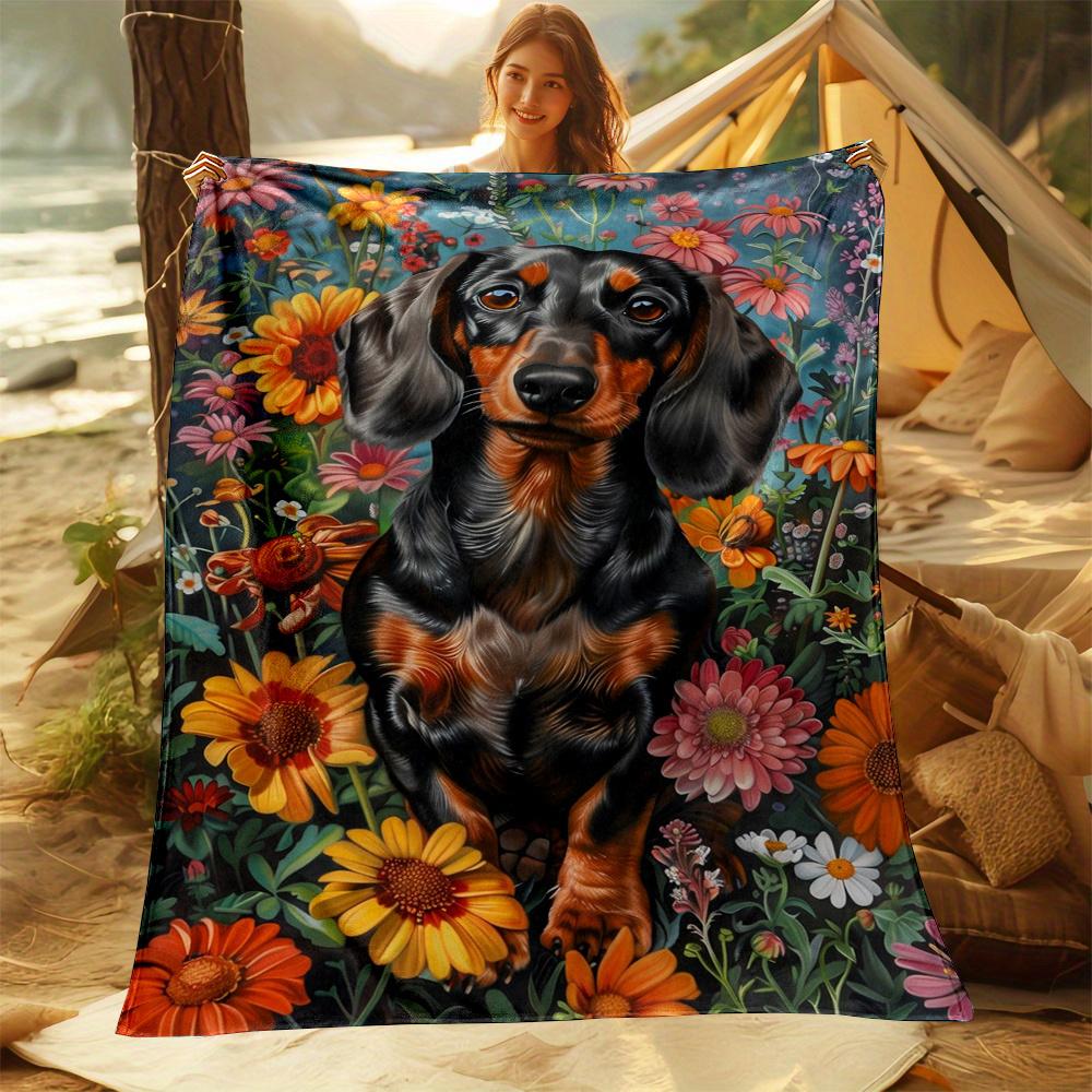 Cozy Dog Dog Lover Floral Picnic Throw Blanket Garden Print Cottagecore Decor Dachshund Pet Art Indoor Outdoor Stylish Wrap