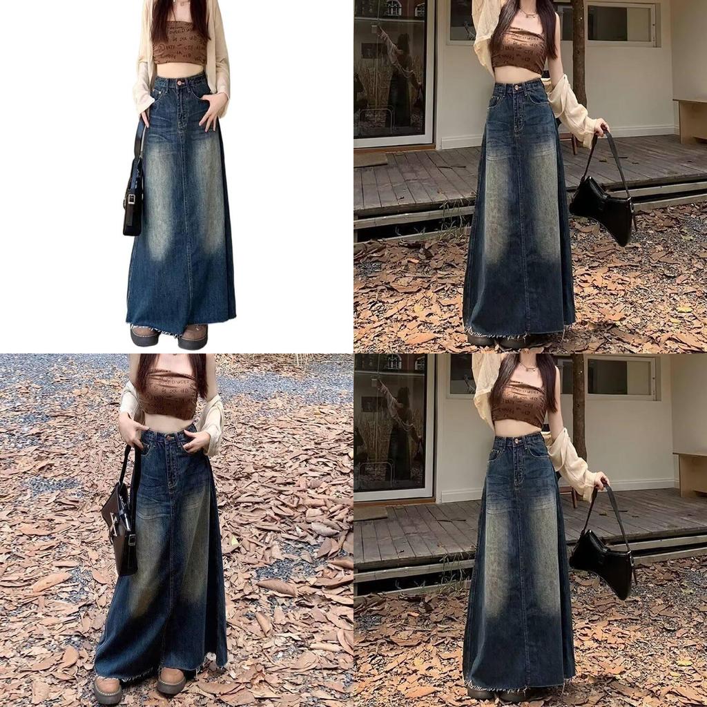Denim A Line Skirt With Vintage Wash For Casual Wear