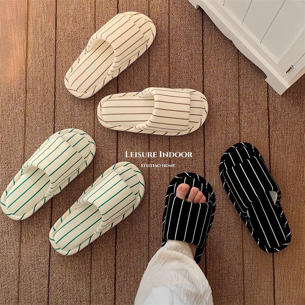 New linen mop universal in all seasons, simple striped air-conditioned room sweat-absorbing soft bottom home cotton and linen slippers ins