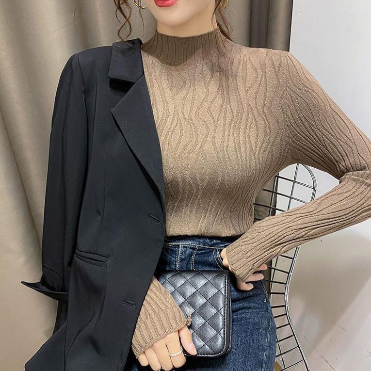 Semi-high-neck Sweater Solid-color Pullover and Fitted Knitted Sweater Are Worn Inside
