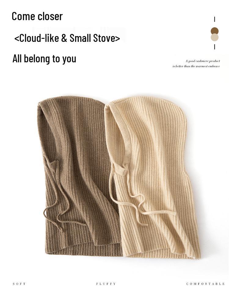 Women's 100% Pure Cashmere Knit Hat with Drawstring Neck Protection - Warm for Autumn and Winter