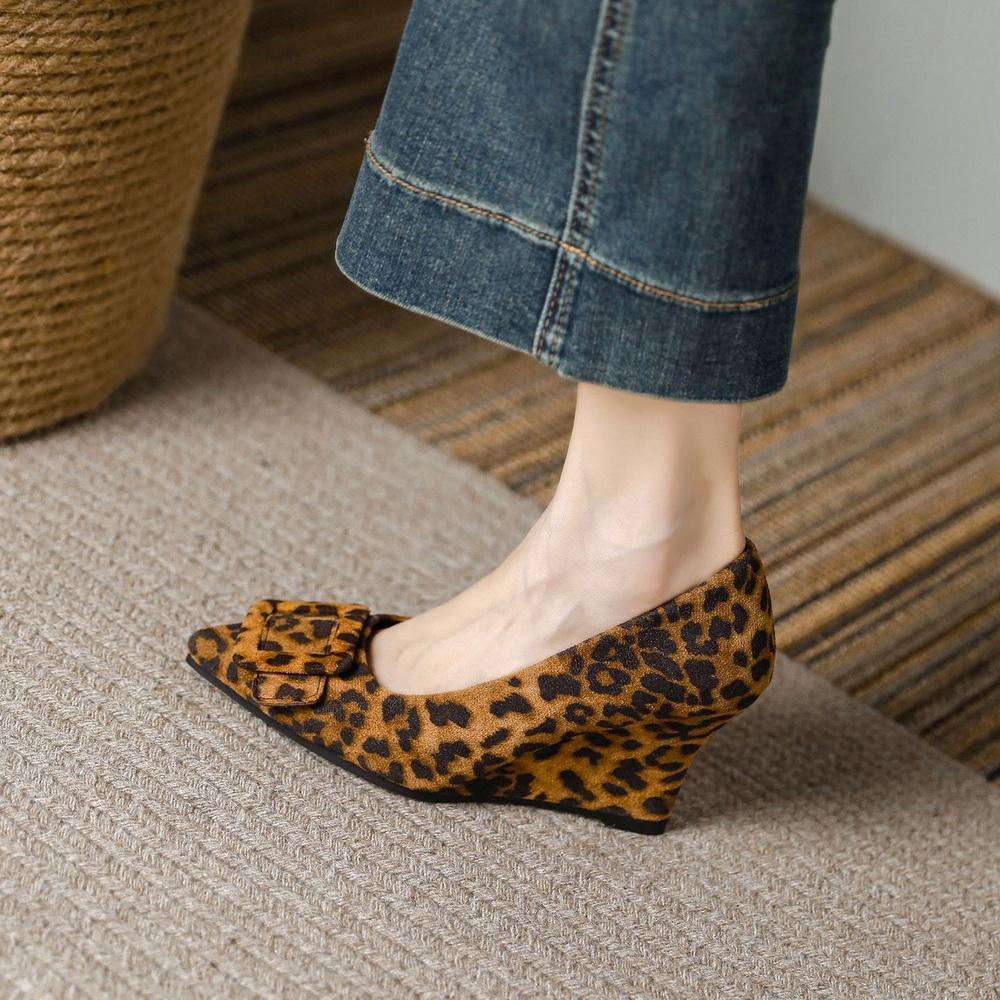 Fashion FHC New Suede Leather Wedges High Heels,Office Lady Working Shoes,Woman Pumps,Slip On,Pointed Toe,Black,Leopard,34-42,Dropship