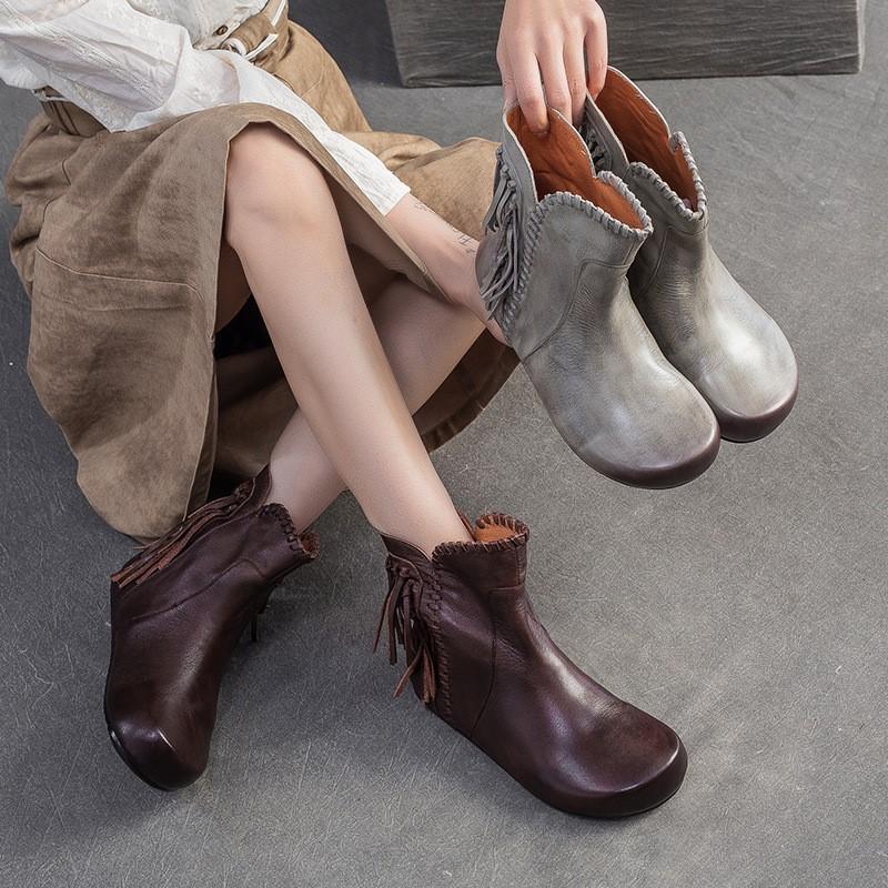 Johnature Retro Short Boots Genuine Leather Versatile Tassel Fashion Comfortable Women's Shoes