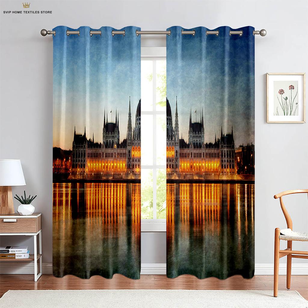 City Building 3D Printing Curtain, Night View Scenery, Bedroom, Living Room, Kitchen, Decorative, Easy To Wash and Care, 2 Pcs