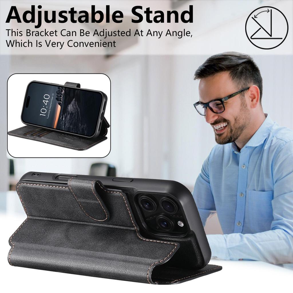 iPhone17 Pro Max Flip Case with Card Slot, Magnetic Snap, Wireless Charging Stand, and Leather Finish