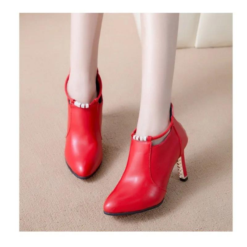 Dámské elegantní špičaté kotníkové boty podzim zima červené s přezkou na pásku PU kůže krátké boty žena tenký podpatek párty boty