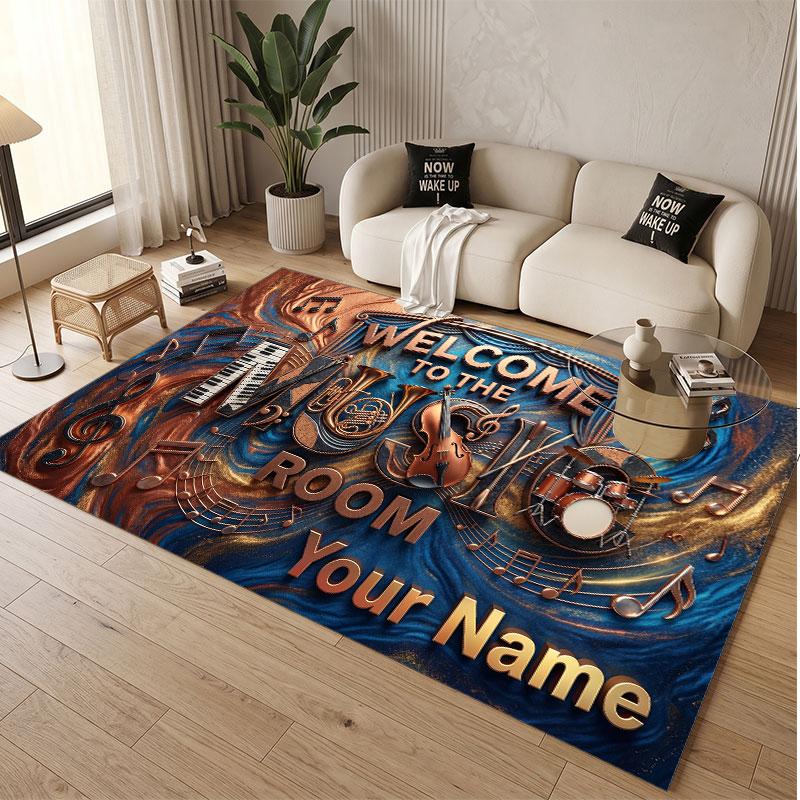 Music General Theme Soft Crystal Velvet Rug Custom Name & Text Print Non Slip Floor Rug for Bedroom Living Room