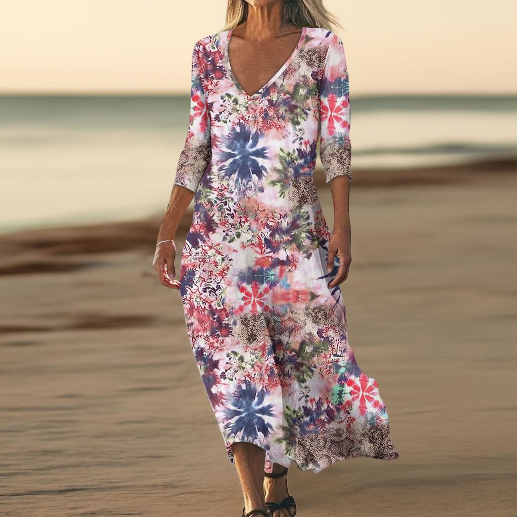 Dresses For Womens Vintage Print Tunic Waisted Midi Dress Summer Casual  3/4 Sleeve Dress