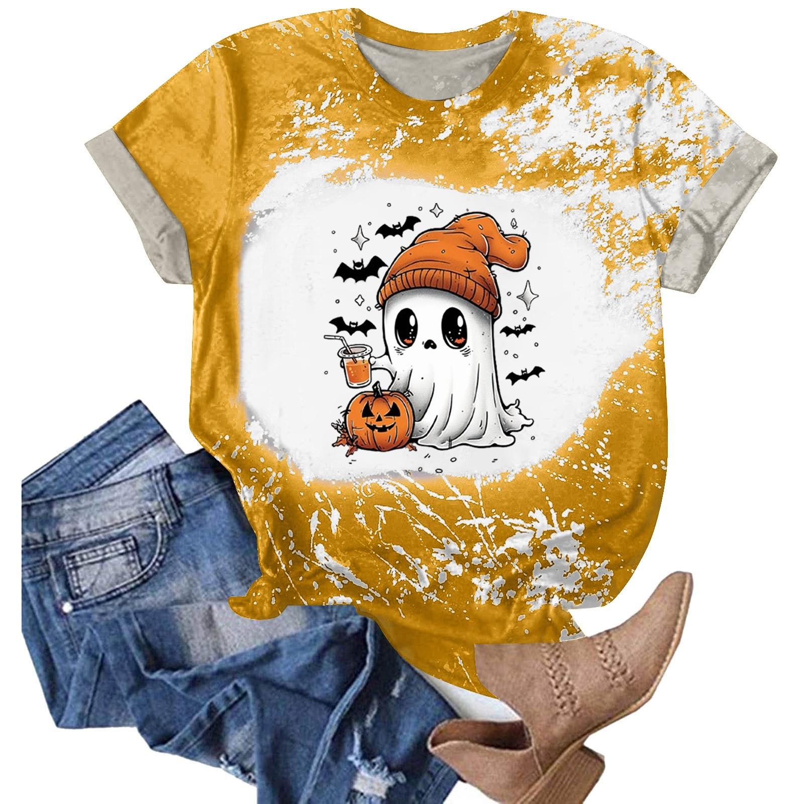 

Хэллоуинские футболки для женщин Милая футболка Осенняя футболка Градиентные графические футболки Повседневные топы с коротким рукавом L жёлтый