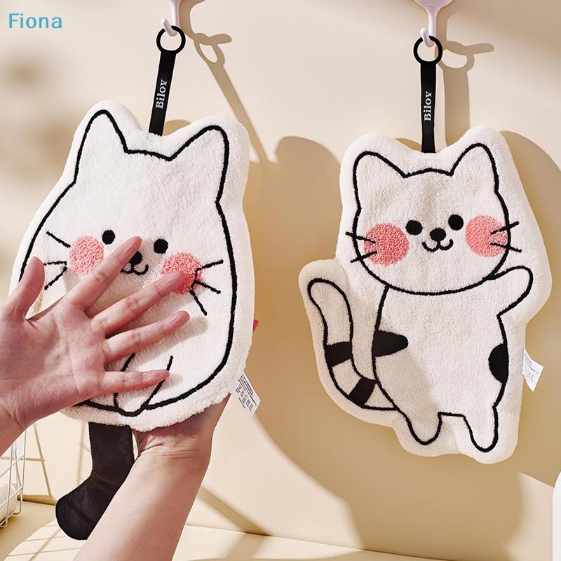 Cute Cat Coral Fleece Hanging Towel Kitchen Hand Towel Bathroom Soft Absorbent Handkerchief Wipe Towel Cartoon Kids Towels