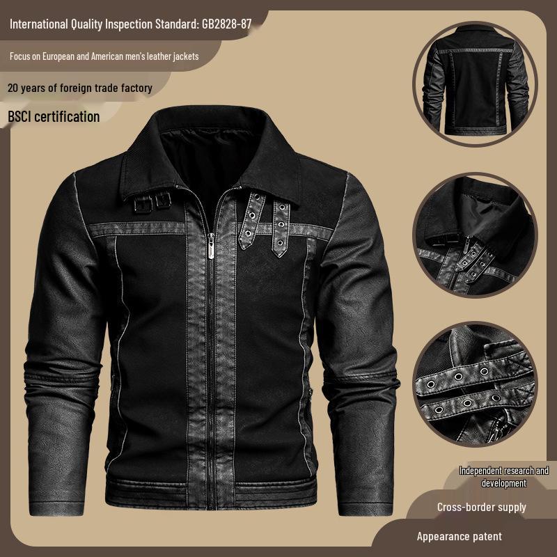 Men's Retro PU Leather Motorcycle Jacket - Autumn/Winter Patchwork Style
