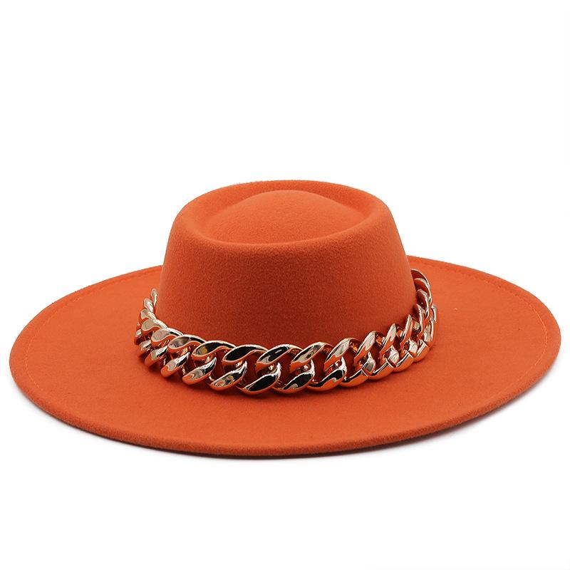 New retro ethnic style. Eaves wool woolen felt hat concave and convex top men's and women's top hats, big eaves thick gold chain hat