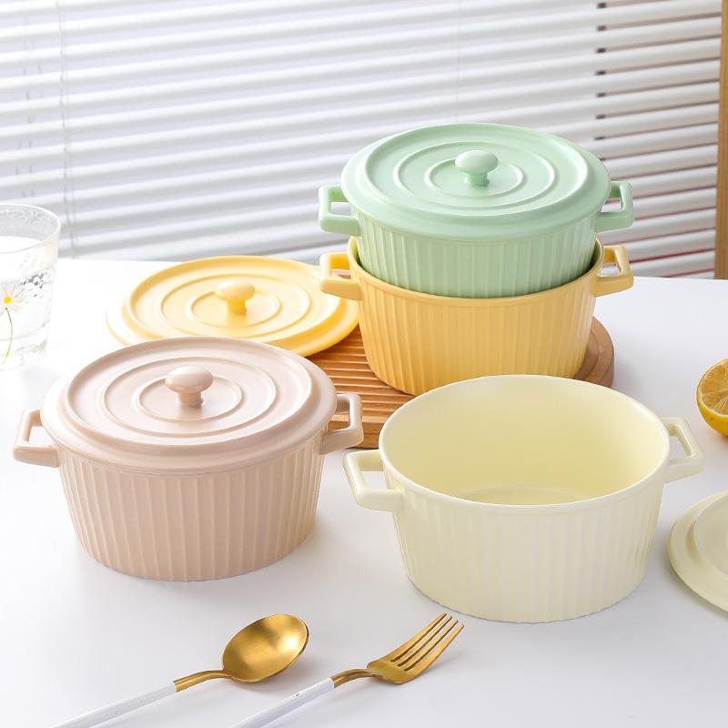 Simple Ceramic Binaural Soup Bowl Noodle Bowl Household Large-Capacity Instant Noodle Bowl With Lid Tableware Soup Basin Snail Powder Bowl