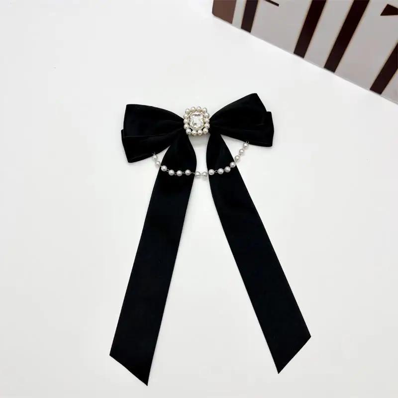 Módní Látka Černá Bílá Mašlička Perlový Řetízek Křišťálový Kamínek Brož Elegantní Dámský Límec Košile Špendlík Květina Smuteční Brož Šperk