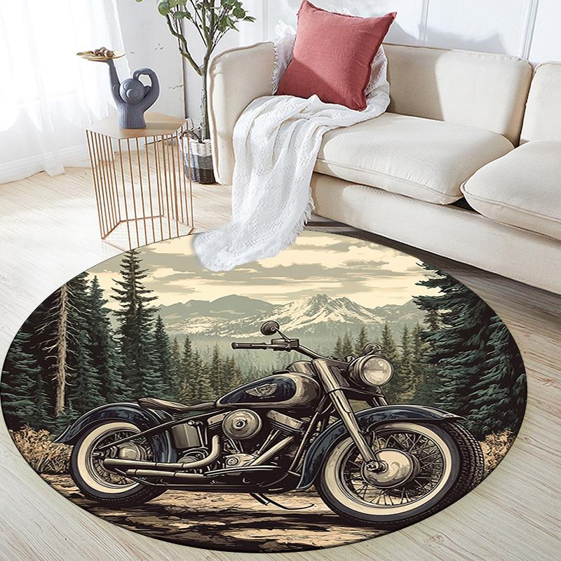 Vintage Motorcycle Round Area Rug,Carpet Rug for Living Room Bedroom Sofa Playroom Decor,Non-slip Floor Mat