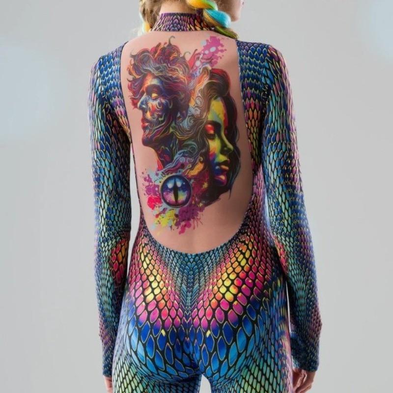 Unisex 3D Digital Colorful Snake Leopard Pattern Animal Printing Outfit Adults Halloween Party Role Play Cosplay Costume Carnival Jumpsuit