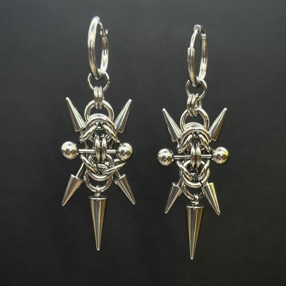 

Gothic Stainless Steel Hoops Spike Piercing Long Dangle Earrings Handmade Punk Chainmail Rivet Drop Earrings Rock Jewelry