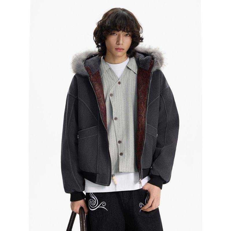 Blaexit American-Style Fur Collar Mountain Python Washed Jacket Men's Thickened Vintage Workwear Parka Cotton Coat