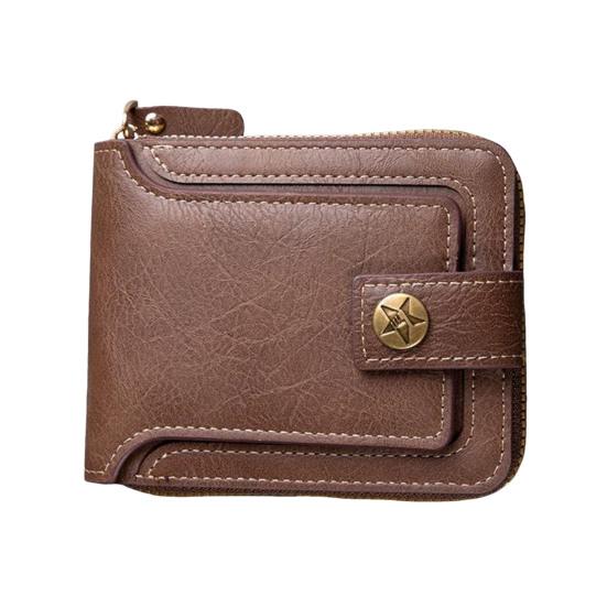 

Men Short Wallet Zip Closure Slim Card Holder Wallet Faux Leather Minimalist Bifold Wallet for Cards Cash Coins колір світло кави