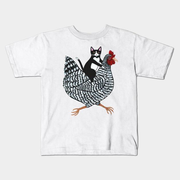 Boys Girls Soft Cotton Graphic Tees Tuxedo Cat On A Chicken Breathable Daily School Wear Kids T-Shirts