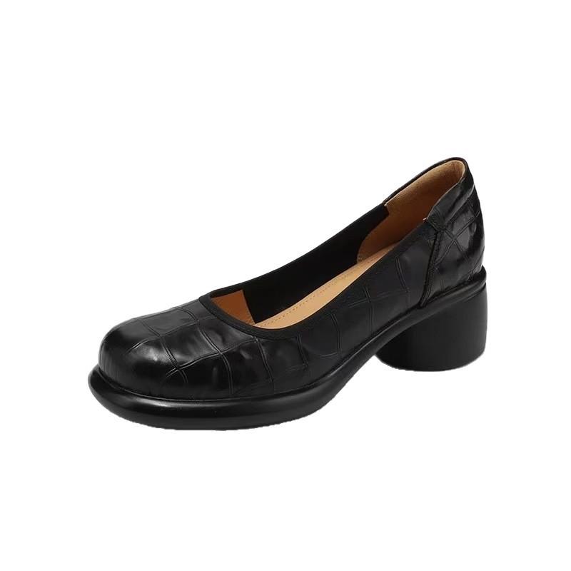 Spot version~ French round head high heels for women's commuting light mouth thick heel single shoes temperament one pedal Mary Jane shoes