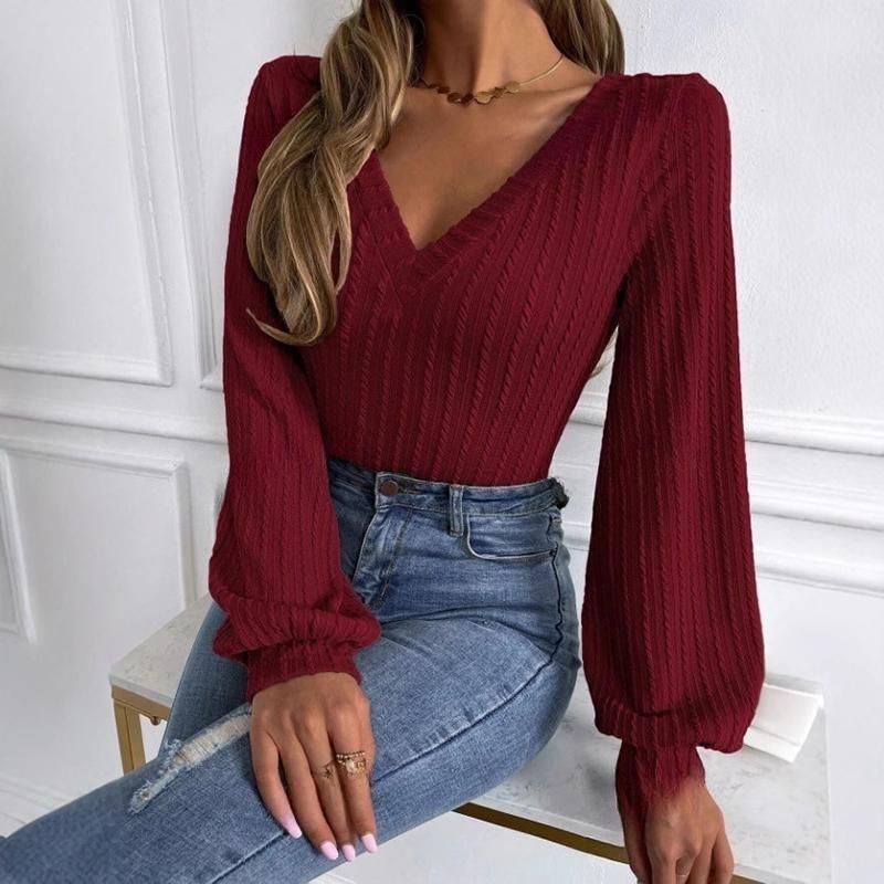 Ladies Autumn Winter Long Sleeve V Neck Solid Color Slim Fit Pullover T Shirt Top