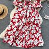Floral Print Strapless Dress Women French Slash Neck Flare Sleeve Elastic Waist Lady Vacation Fashion Slm A Line Dress