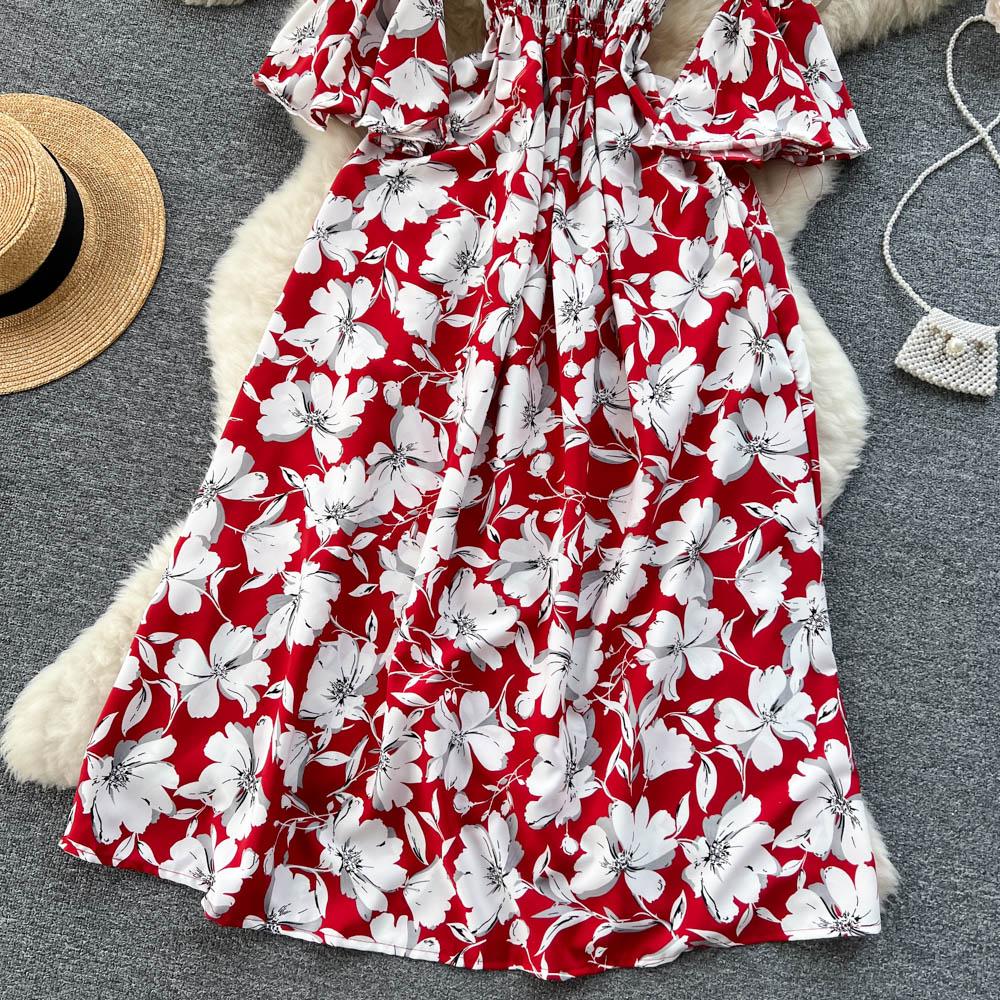 Floral Print Strapless Dress Women French Slash Neck Flare Sleeve Elastic Waist Lady Vacation Fashion Slm A Line Dress