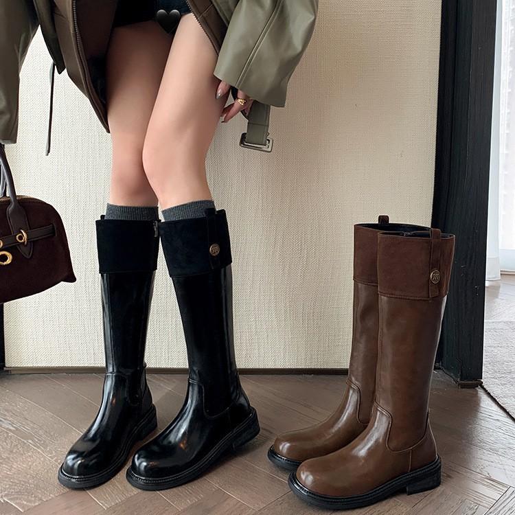 Maillard retro splicing boots women's 2025 autumn new velvet thick soles but knee boots knight boots