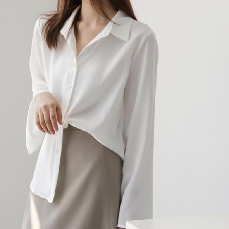 Slim Temperament Dojíždějící Bílý Svetřík Krátký s Dlouhým Rukávem Jednobarevný Jednořadý V pase Nabírané Rukávy Košile Temperamentní Elegantní Módní Top