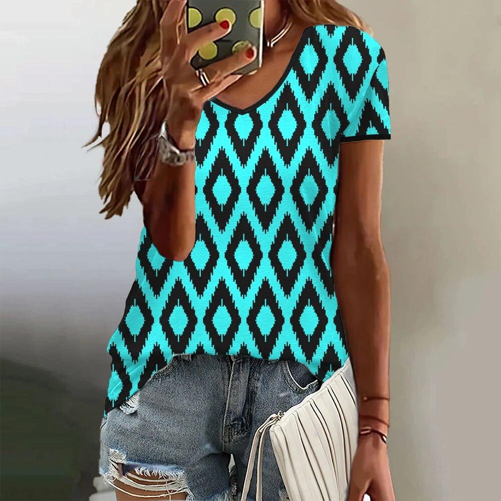 Gradient Pattern Women's T Shirt Summer V Neck Casual Short Sleeve Tees Female Oversized Harajuku Clothing Fashion Girls Blouse