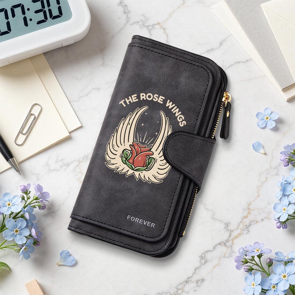 Stylish Rose Wings Print Wallet Fashion Functional Multiple Card Slots Casual Daily Use Portable Purse