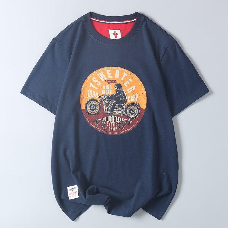 Vintage Motorcycle Print Short-Sleeve T-Shirt for Men, Pure Cotton, Niche Loose-Fitting Trendy Tee, Surplus from Japanese Export