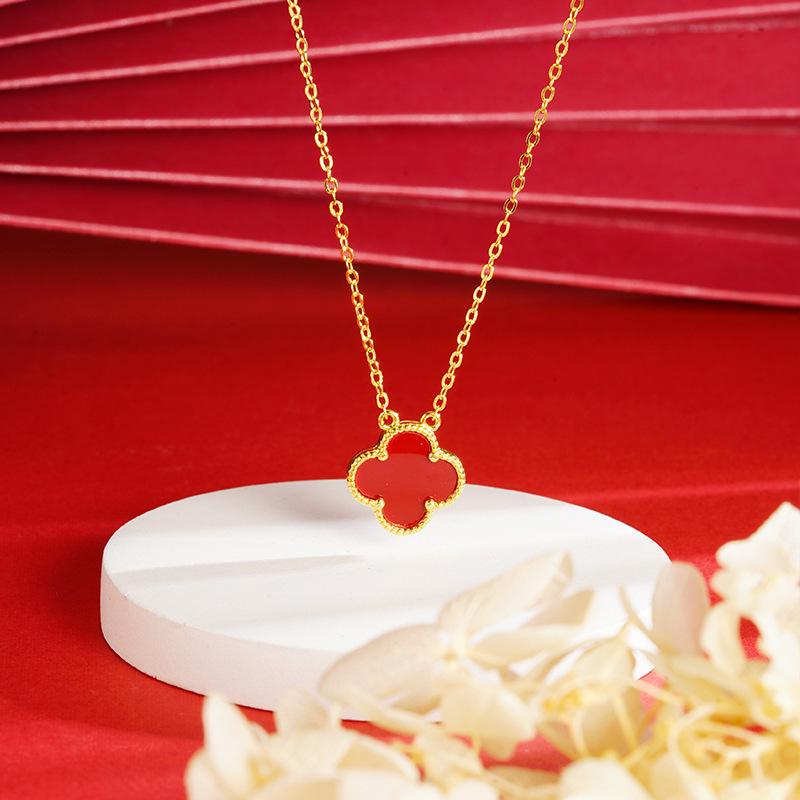 Vietnam Gold-Plated Clover Necklace, Ring & Five-Flower Bracelet Set