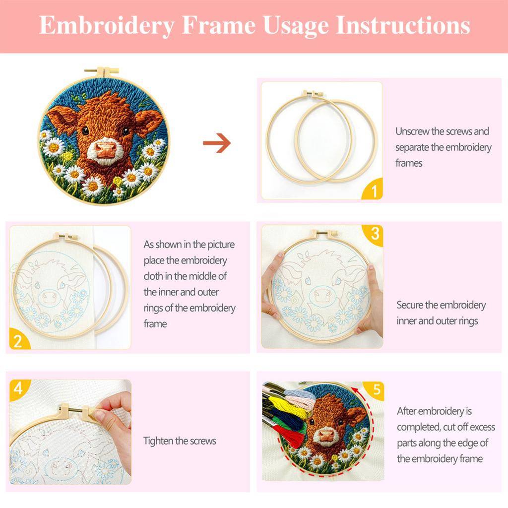 Hand Embroidery Kit with Cow Design - Cute Animal Set for Home Decor