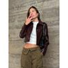 Burgundy Chic Women's Lapel Leather Short Coat Crocodrile-effect Button Down High Street Jacket New Autumn Female Outwear