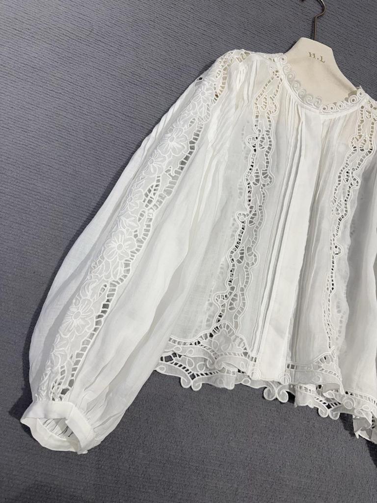 2026 Spring French White Lace Shirt with Loose Lantern Sleeves and Hollow Embroidery