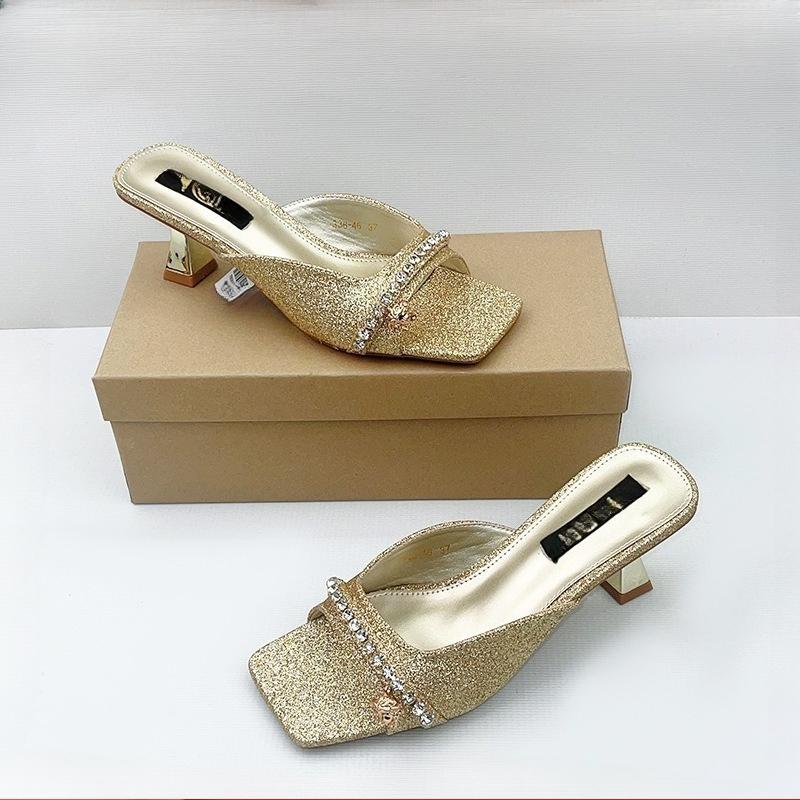 Square Toe Block Heel Rhinestone Single Strap Sandals Women High Heel Casual Summer Slide Shoes