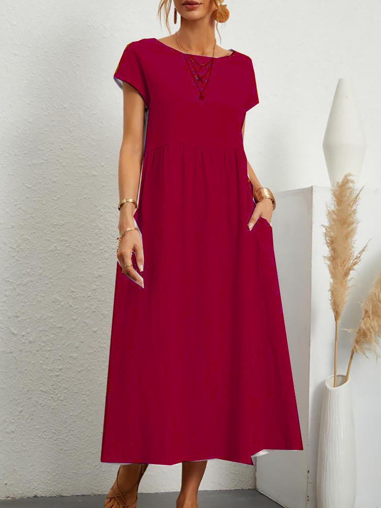 European and American Short-Sleeve Round Neck Cotton-Linen Long Dress with Pockets