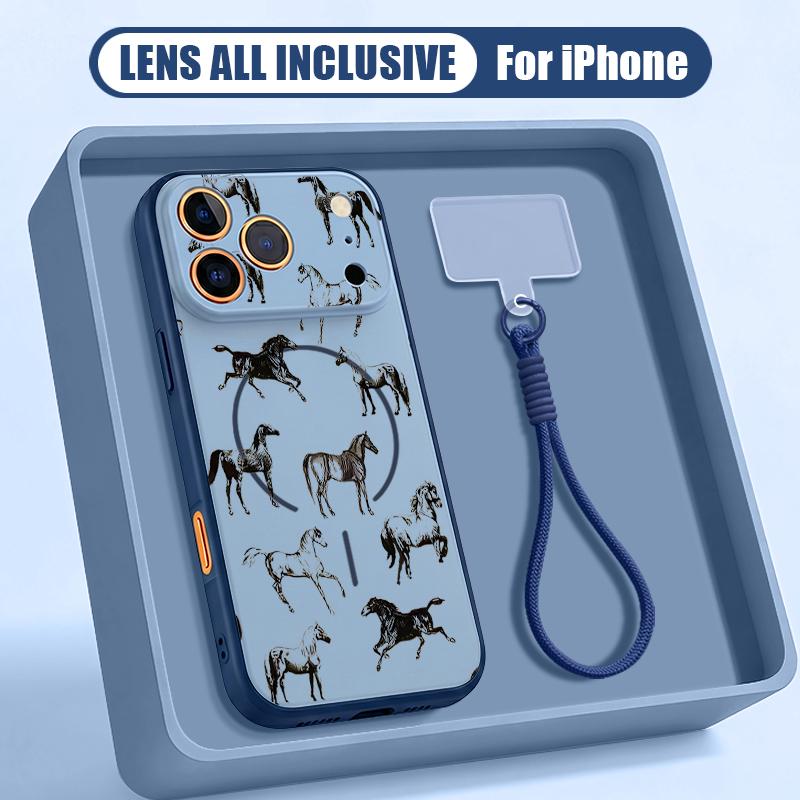 Cartoon Horsey Fireworks Print Hand Strap Case For iPhone 17 Pro Max iPhone 16 15 14 13 Pro Max Magnetic For Magsafe Hybrid TPU+PC Matte Cover