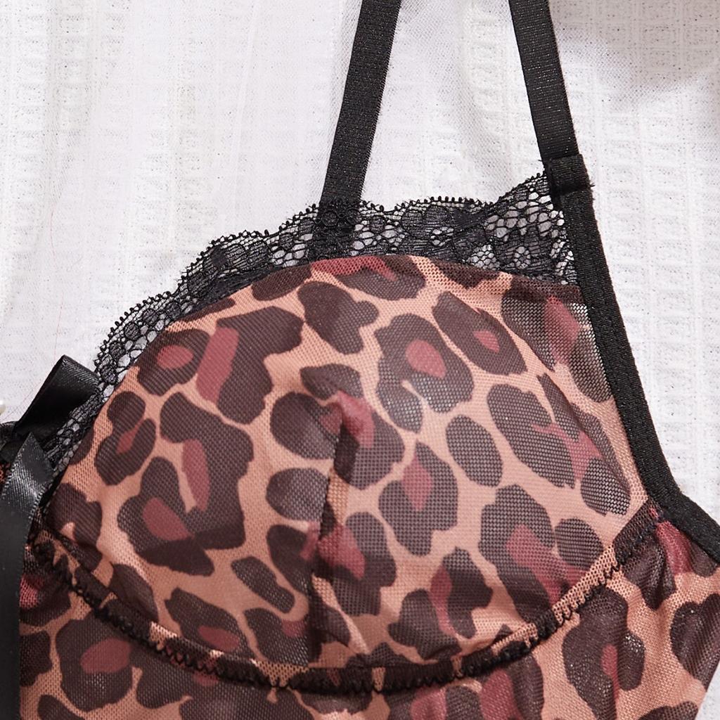 Source, New European and American Models, Comfortable and Breathable Leopard Print Lace Mesh Sexy Suspender Nightdress