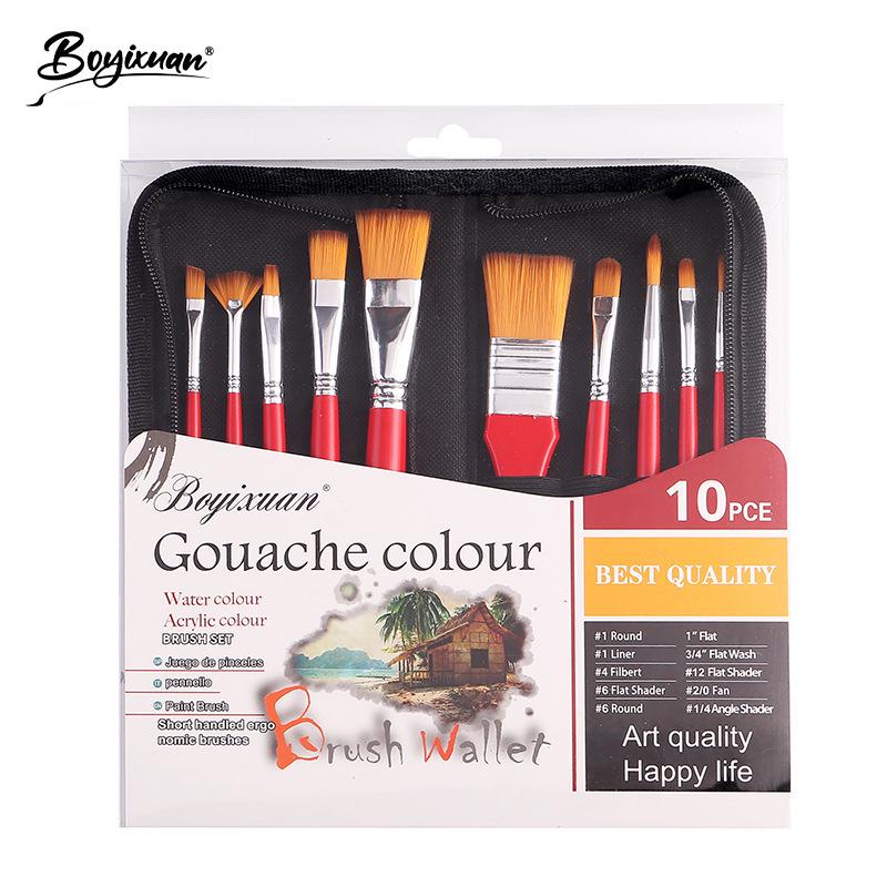 Boyi Xuan 10-Piece Art Sketching Set: Nylon Flat Brush with Zipper Case, High Quality & Portable.
