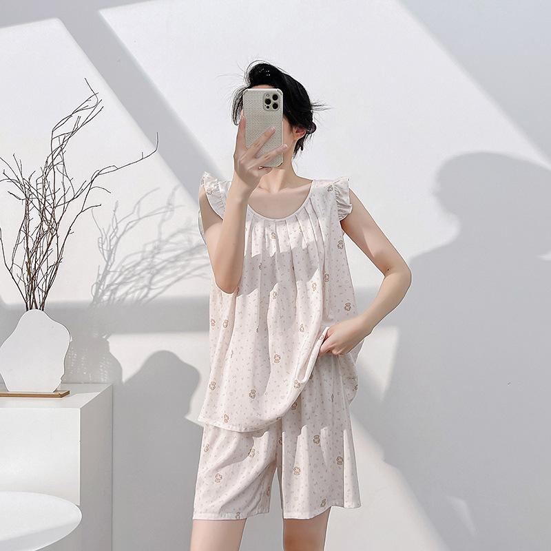 Lyocell cotton pajamas with chest pads women's spring and summer loose thin sleeveless vest shorts set simple loungewear